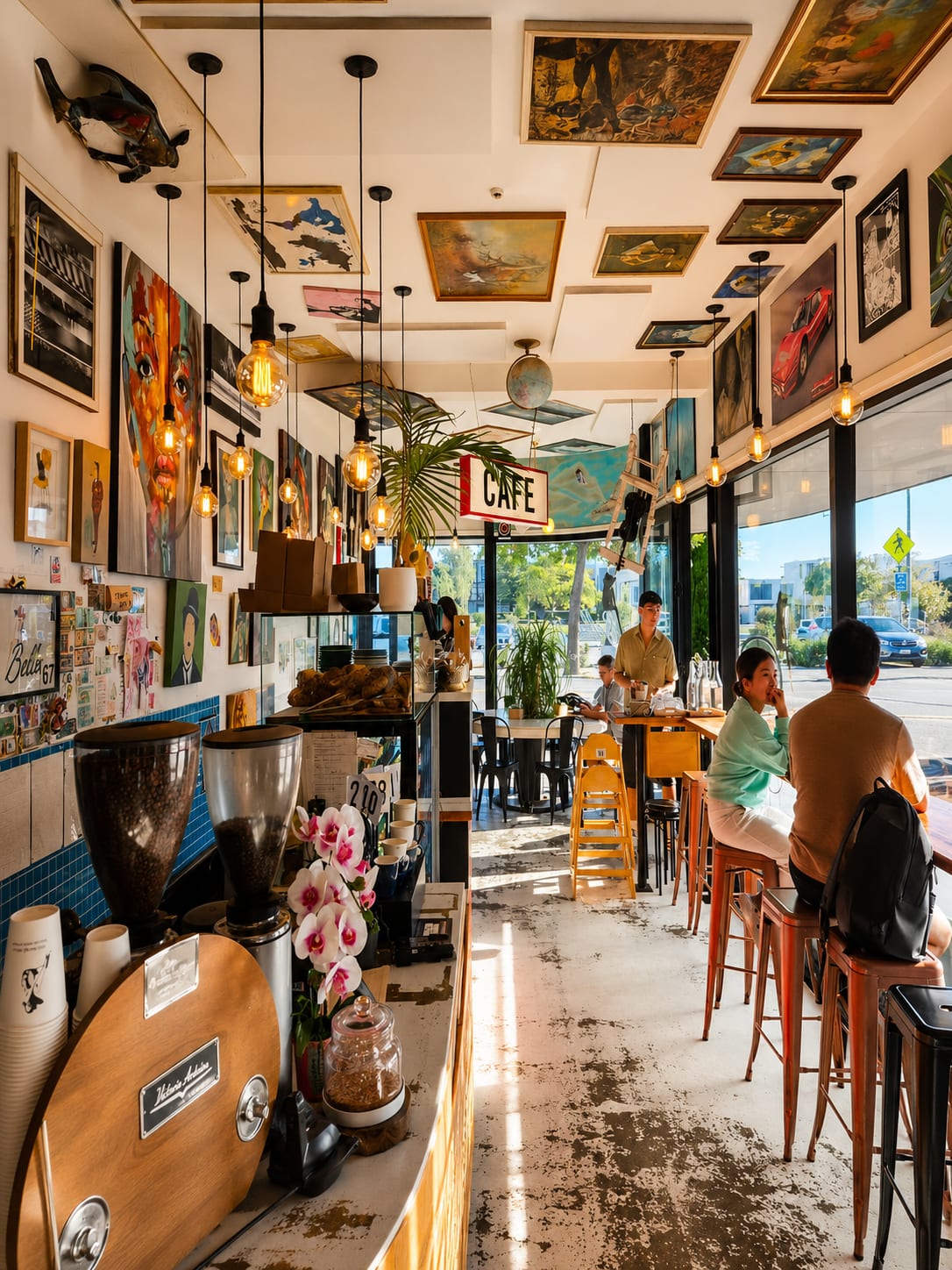 Belle cafe interior with artwork, pendant lights and seated guests