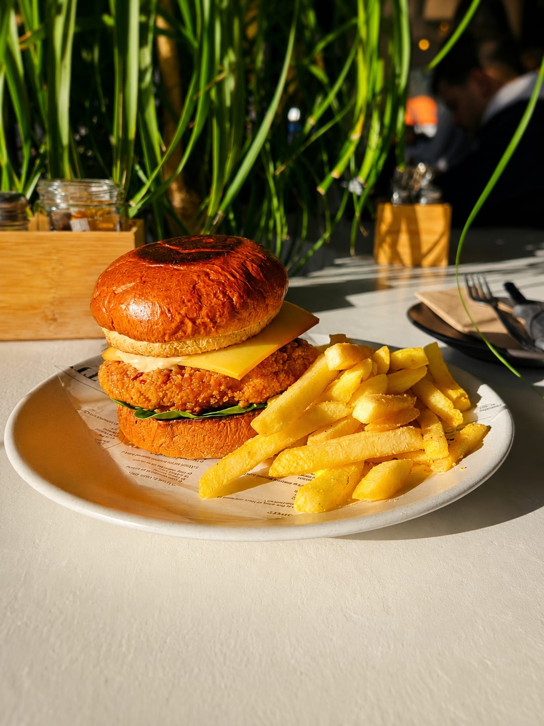 A Belle chicken burger and fries on a sunlit table